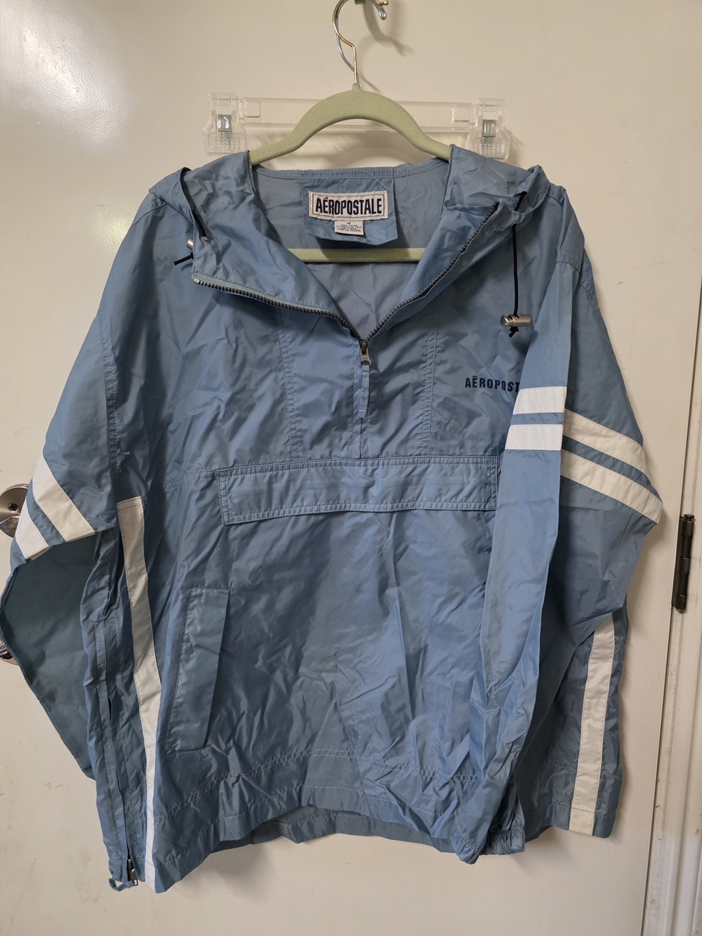 Vintage Aeropostale Light Blue Hooded Windbreaker with White Stripe Accents